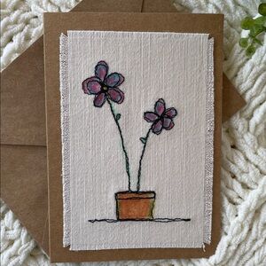 Handmade Floral Greeting Card Embroidered Pink and Purple Flowers